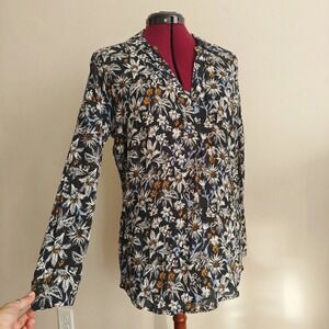 Splendid Womens Floral Blouse Long Sleeve Button Collared Black Shirt Size Small